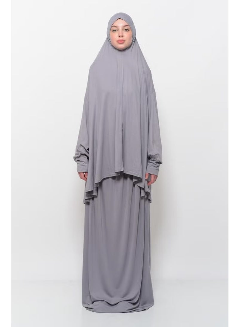 Altobeh Practical Two Piece Cotton Bat Sleeve Organic Hijab Prayer Dress with Headscarf - Gray - Image 1